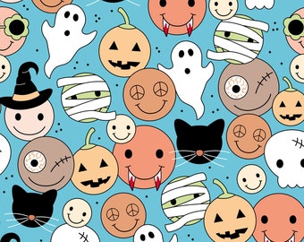 Spooky Smiley Halloween Stoff, Geister Hexe Vampir, Meterware, Patchworkstoff, Baumwolle, Bambus, Jersey, Leinwand