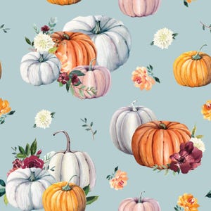 Blue Pumpkin Floral Fabric, Fabric by the Yard, Fall Fabric, Michelle Hemeon, Quilting Cotton, Knit Fabric, Organic Sateen, Minky, Canvas