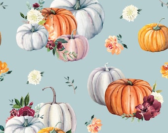 Blue Pumpkin Floral Fabric, Fabric by the Yard, Fall Fabric, Michelle Hemeon, Quilting Cotton, Knit Fabric, Organic Sateen, Minky, Canvas