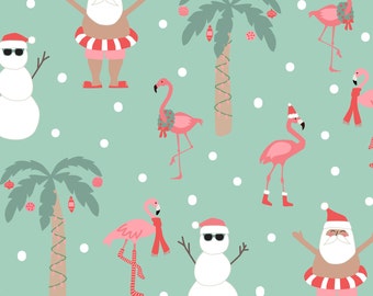 Green Surfing Santas Fabric, Hawaiian Christmas Fabric, Fabric by the Yard, Quilting Cotton, Swim Fabric, Boardshort, Knit Fabrics, Minky