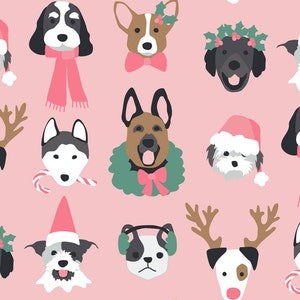 Pink Christmas Puppy Fabric, Christmas Dog Fabric, Fabric by the Yard, Hey Cute, Quilting Cotton, Knit Fabric, Spandex, Canvas, Minky