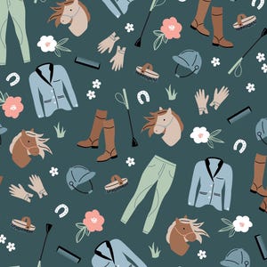 Blue Horseback Riding Fabric, Fabric by the Yard, Horse Fabric, Hey Cute Design, Quilting Cotton, Sateen, Canvas, Broadcloth, Jersey Knit