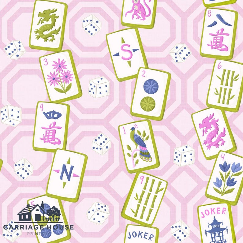 Puede incluir: Un patr&oacute;n con varias fichas de Mahjong con ilustraciones de dragones, flores y bamb&uacute;, junto con dados. Las fichas tienen un fondo blanco con bordes verdes y est&aacute;n dispersas sobre un fondo geom&eacute;trico rosa. El texto "JOKER" y "CARRIAGE HOUSE PRINTS" son visibles.