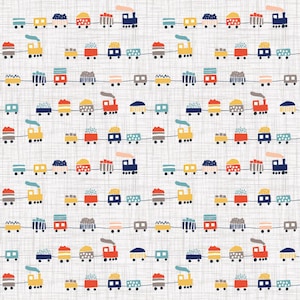 Puede incluir: Un patrón repetido de trenes de juguete coloridos sobre un fondo blanco con una textura sutil. Los trenes están compuestos por diferentes formas y colores, incluyendo rojo, azul, amarillo y verde. Cada tren tiene una locomotora, vagones y un furgón de cola.