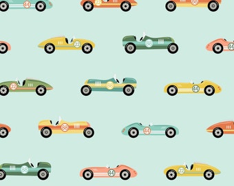 Retro Race Car Fabric, Fabric by the Yard, Vehicle Fabric, Retro Racing, Lily Girl Paper, Quilting Cotton, Canvas, Boardshort, Knit Fabric