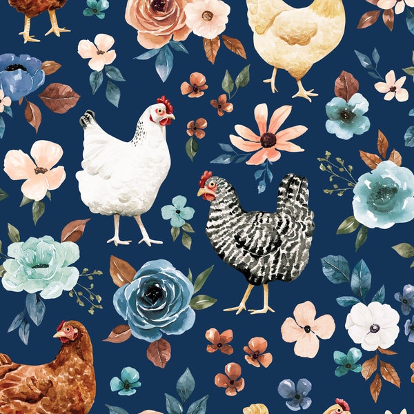 Blue Chicken Floral Fabric, Fabric by the Yard, Cate & Rainn, Quilting Cotton, Canvas, Spandex, Bamboo, Jersey, French Terry, Rib Knit