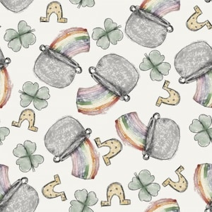 May include: A repeating pattern featuring St. Patrick's Day imagery. The design includes grey pots of gold with rainbows, green four-leaf clovers, and gold horseshoes on a cream background.