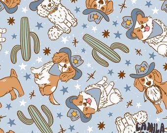 Blue Cowboy Dog Fabric, Western Dog Fabric, Fabric by the Yard, Camila Prints, Quilting Cotton, Canvas, Minky, Broadcloth, Knit Fabrics
