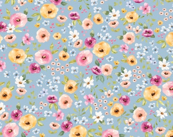 Tessuto floreale primaverile blu, tessuto floreale, tessuto tagliato su misura, Cate & Rainn, cotone per trapuntatura, raso, tessuto a maglia, tela, tessuto per costumi da bagno