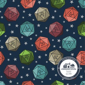 May include: A dark blue fabric pattern featuring a repeating design of multi-colored twenty-sided dice in shades of red, green, beige, and teal, interspersed with small white stars. A circular logo for Carriage House Printery is in the corner.