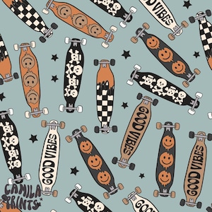 Blue Skateboard Fabric, Longboard Fabric, Fabric by the Yard, Camila Prints, Quilting Cotton, Knit Fabric, Canvas, Spandex, Jersey