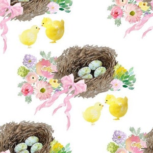 Easter Basket Fabric, Chicks and Nest Fabric, Fabric by the Yard, Easter Fabric, Quilting Cotton, Sateen, Bamboo, French Terry, Canvas