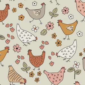 Chicken Floral Fabric, Fabric by the Yard, Hey Cute Designs, Quilting Cotton, Apron Fabric, Farm Fabric, Knit Fabric, Organic Cotton, Canvas