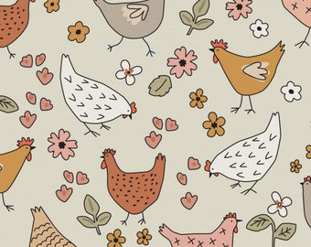 Chicken Floral Fabric, Fabric by the Yard, Hey Cute Designs, Quilting Cotton, Apron Fabric, Farm Fabric, Knit Fabric, Organic Cotton, Canvas