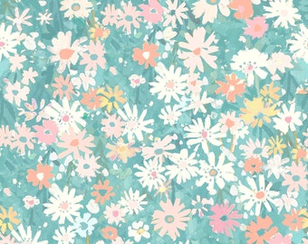 Green Floral Fabric, Fabric by the Yard, Spring Floral, Watercolor Flower Fabric, Wildflower Lane, Quilting Cotton, Sateen, Spandex, Canvas