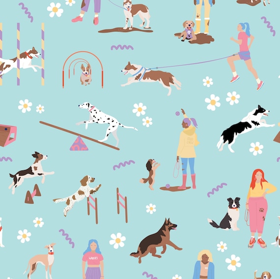 Blue Dog Show Fabric, Dog Park Fabric, Fabric by the Yard, Little Smile Makers, Quilting Cotton, Knit Fabric, Spandex, Canvas, Sateen