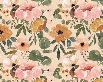 Pink Boho Floral Fabric, Fabric by the Yard, Cate & Rainn, Quilting Cotton, Bamboo, Canvas, Ribbed Knit, French Terry, Swim Fabric, Jersey