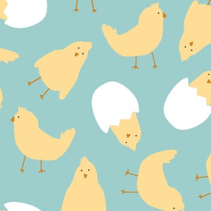 Easter Chick Fabric, Indy Bloom Design, Chickies in Teal, Fabric by the yard, Quilting Cotton, Canvas, Bamboo, Sateen, Jersey, Ribbed Knit