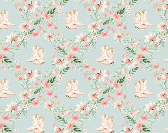 Blauwe cowgirllaars gebloemde stof, westerse stof, op maat gesneden stof, Kamiden Studio, quiltkatoen, laken, gebreide stof, canvas, ribstof