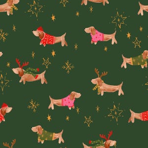 Green Christmas Dachshund Fabric, Reindeer Dog Fabric, Fabric by the Yard, Ashleigh Fish, Quilting Cotton, Jersey, Canvas, Minky, Broadcloth