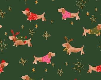Green Christmas Dachshund Fabric, Reindeer Dog Fabric, Fabric by the Yard, Ashleigh Fish, Quilting Cotton, Jersey, Canvas, Minky, Broadcloth