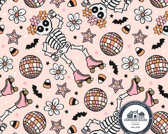 Roller Skating Skeleton Fabric, Girls Halloween Print, Julie Storie Design