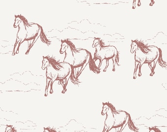 May include: A repeating pattern featuring sketched horses in a running pose. The horses are a muted reddish-brown color, set against a cream-colored background with faint cloud-like shapes. The design evokes a sense of movement and freedom.