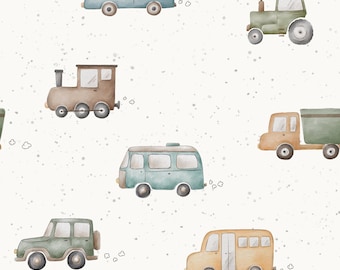 May include: A seamless pattern featuring various watercolor illustrations of vehicles, including a blue car, a green tractor, a brown train, a green van, a green jeep, and a yellow bus. Each vehicle has a white cloud behind it, suggesting movement.