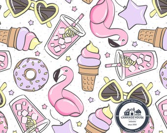 Sommer Pool Day Stoff, Flamingo Floaty Print, Julie Storie Design