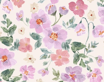 Tela floral morada, tela de flores de acuarela, tela cortada a medida, diseño Indy Bloom, algodón acolchado, paño fino, satén, minky, elastano