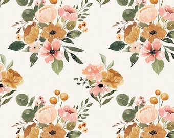 Cream Boho Blossoms Fabric, Fabric by the Yard, Floral Fabric, Quilting Cotton, Fat Quarter, Bamboo, Canvas, Jersey, Rib Knit, Swim Fabric