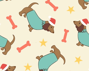 Christmas Dachshund Fabric, Holiday Dog Fabric, Fabric by the Yard, Prue Melanie, Quilting Cotton, Spandex, Canvas, Knit Fabric, Minky