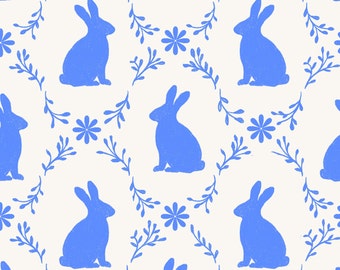Bunny Frame Fabric, Blue Easter Fabric, Spring Fabric, Fabric by the Yard, Vivie & Ash, Quilting Cotton, Sateen, Knit Fabric, Canvas, Bamboo