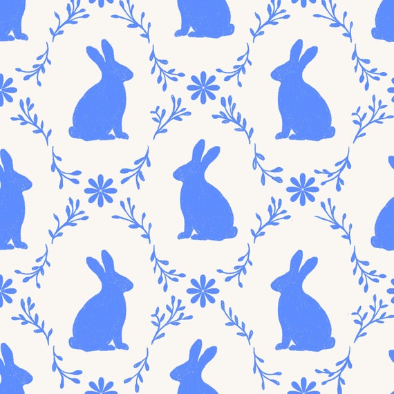 Bunny Frame Fabric, Blue Easter Fabric, Spring Fabric, Fabric by the Yard, Vivie & Ash, Quilting Cotton, Sateen, Knit Fabric, Canvas, Bamboo
