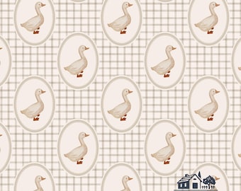 Gingham Goose Fabric, Geese Nursery Print, Louise Rowles