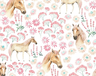 Pink Horse Floral Fabric, Farm Animal Fabric, Fabric by the Yard, Kamides Studio, Quilting Cotton, Knit Fabric, Sateen, Canvas, Broadcloth