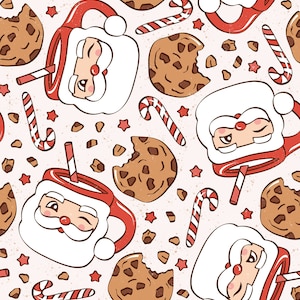 Tela de tazas de Papá Noel, tela para chocolate caliente navideño, tela cortada a medida, Julie Storie, algodón para acolchado, felpa francesa, jersey, satén, minky