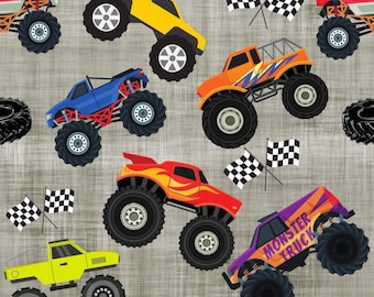 Monster Truck Fabric, Fabric by the Yard, Monster Trucks Charcoal, Quilting Cotton, French Terry, Broadcloth, Fat Quarter, Spandex, Jersey
