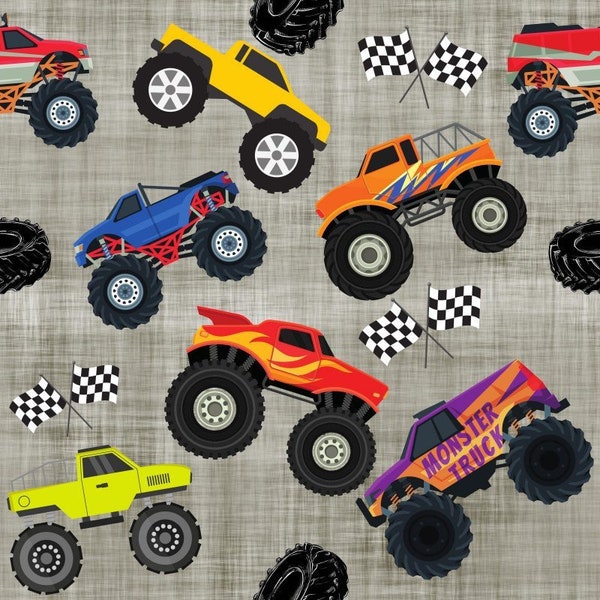 Monster Truck Fabric, Fabric by the Yard, Monster Trucks Charcoal, Quilting Cotton, French Terry, Broadcloth, Fat Quarter, Spandex, Jersey
