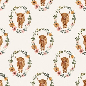 Highland Cow Wreath Fabric, Fabric by the Yard, Cate & Rainn, Quilting Cotton, Bamboo, Canvas, Spandex, Ribbed Knit, Fat Quarter,