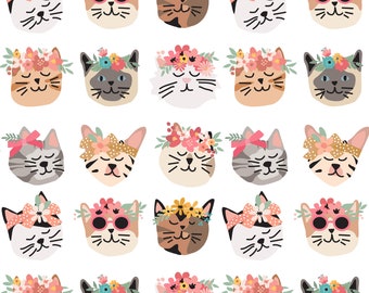 Flower Cat Fabric, Cute Kitty Fabric, Fabric by the Yard, Hey Cute Design, Quilting Cotton, Knit Fabric, Canvas, Spandex, Bamboo, Swim