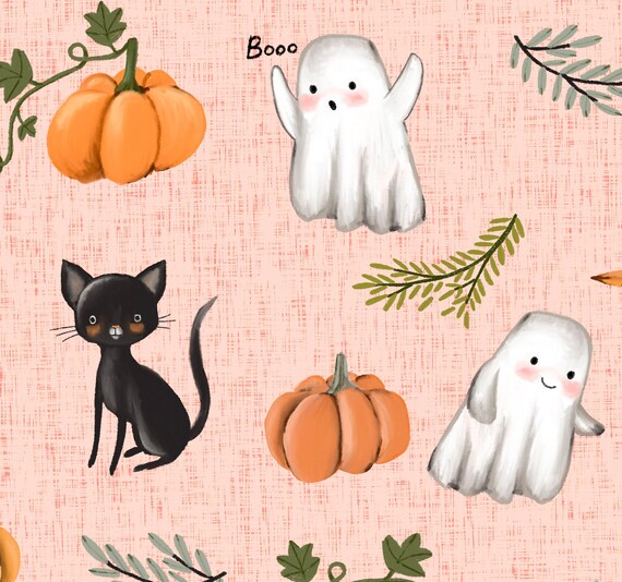 Pink Halloween Katzen Kürbisse Geister Stoff, Meterware