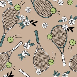 Tan Tennis Racket Floral Fabric, Fabric by the Yard, Sports Fabric, Little Smile Makers, Quilting Cotton, Knit Fabric, Broadcloth, Canvas