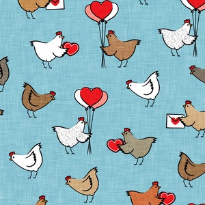 Blue Valentine Chicken Fabric, Fabric by the Yard, Little Arrow, Valentine&#39;s Day Fabric, Quilting Cotton, Knit Fabric, Canvas, Spandex
