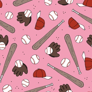 Pink Baseball Fabric, Baseball Glove Bat Fabric, Fabric by the Yard, Little Smile Makers, Quilting Cotton, Minky, Broadcloth, Sateen, Jersey