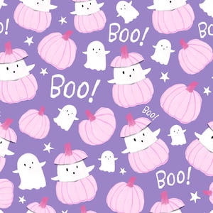 Ghost Pumpkin Fabric, Cute Halloween Fabric, Pink Purple Halloween Fabric, Colour & Joy, Quilting Cotton, Knit Fabric, Canvas, Jersey Knit