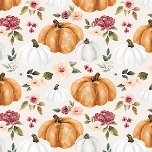 Creme Kürbis Blumenstoff, Herbst Stoff, Meterware, Cate & Rainn, Quilt Baumwolle, French Terry, Bambus, Canvas