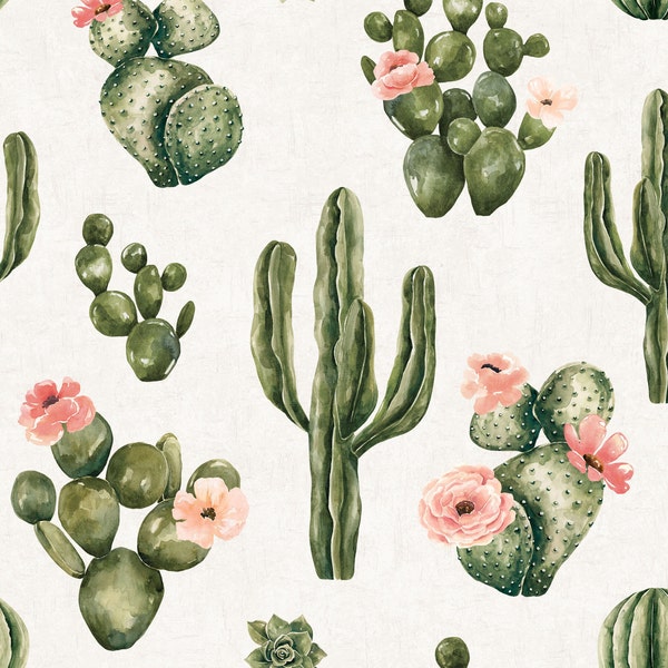 Cactus Floral Fabric, Desert Flower Fabric, Fabric by the Yard, Cate & Rainn, Quilting Cotton, Sateen, Knit Fabric, Canvas, Swim Fabric