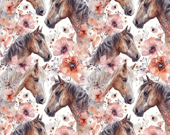 May include: Watercolor pattern featuring horse heads in shades of brown and white, interspersed with delicate pink and orange floral elements. The design is repeated across a white background, creating a seamless and artistic print.