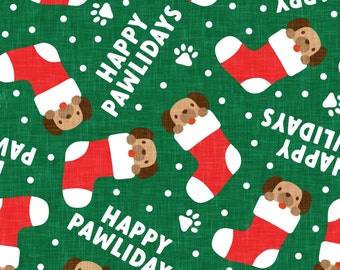 Happy Pawlidays Hunde Stoff, Weihnachtshund Stoff, Meterware, kleiner Pfeil, Patchworkstoff, Baumwolle, Canvas, Strickstoffe, Minky, Satin